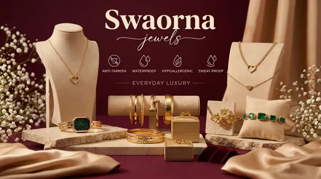 Swaorna watches and necklaces displayed on velvet stands